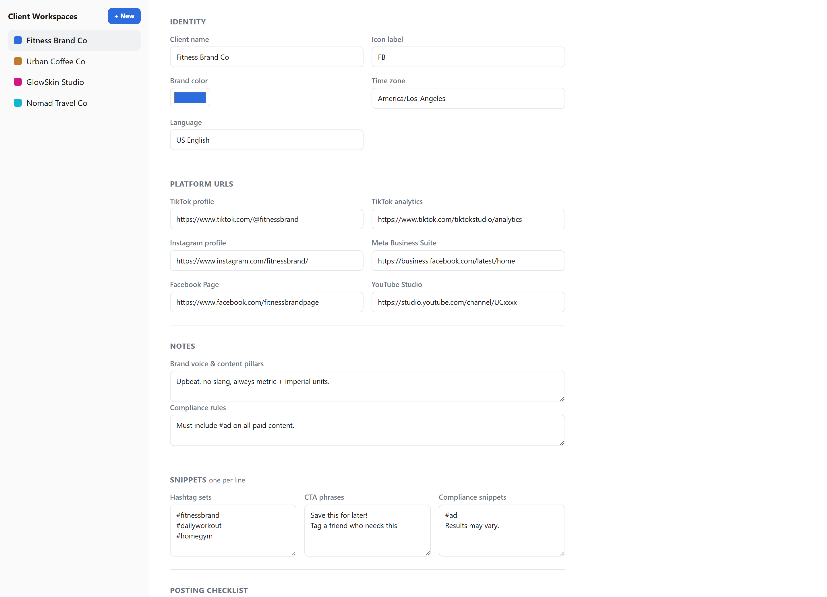 Social Client Cockpit workspace editor showing platform URLs, notes, snippets and a posting checklist