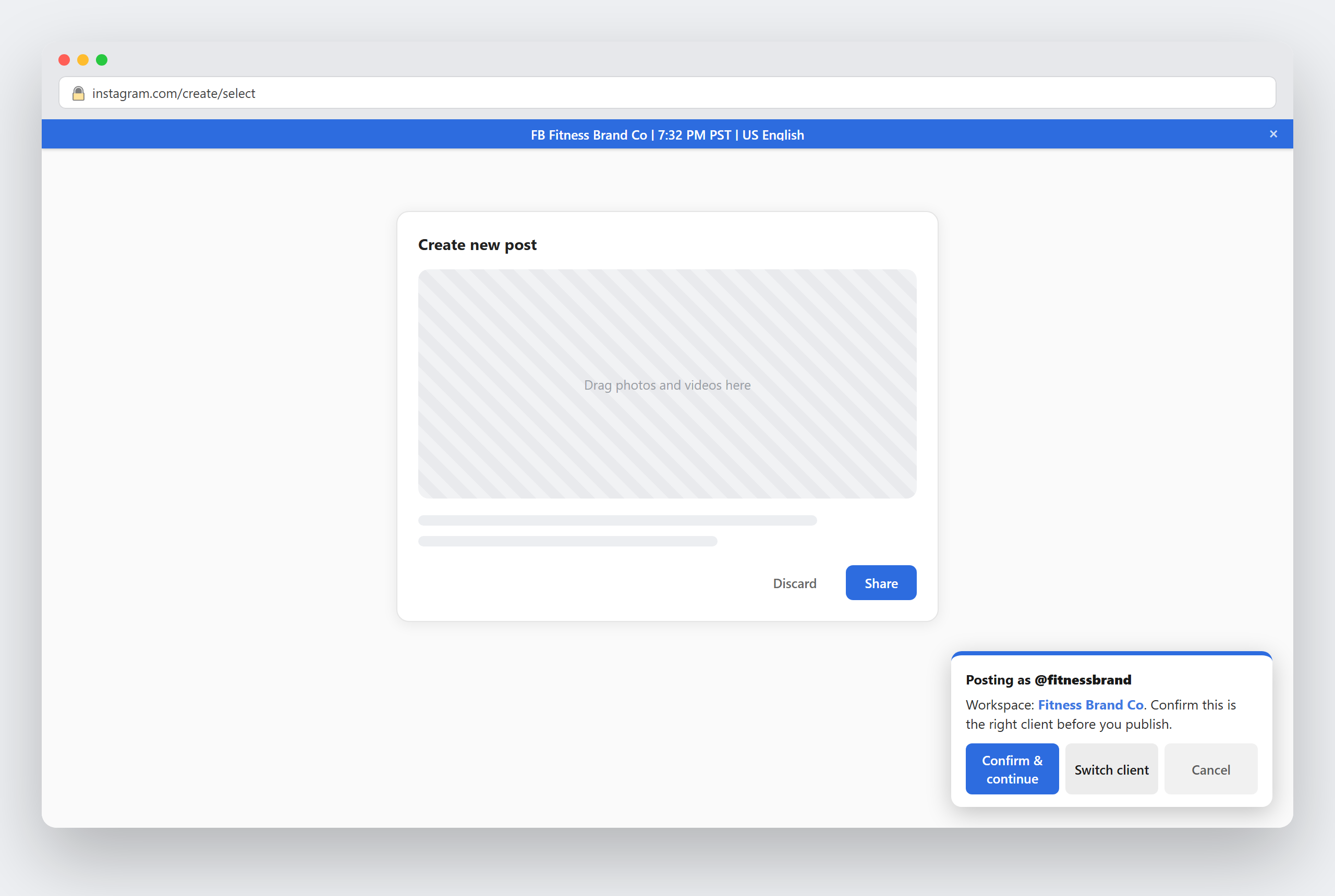 Social Client Cockpit showing a colored client identity bar and a posting confirmation card on a post-composer page