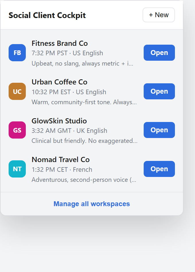 Social Client Cockpit popup listing four client workspaces with colored icons and Open buttons